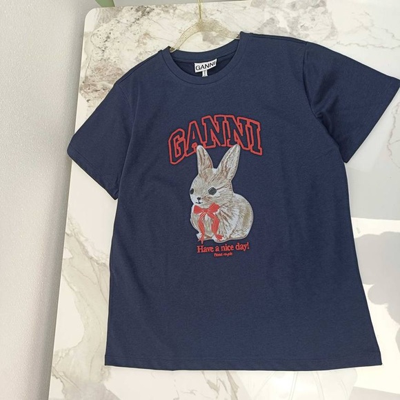 Ganni Tops - Ganni Navy Tee with Bunny and Red Accents